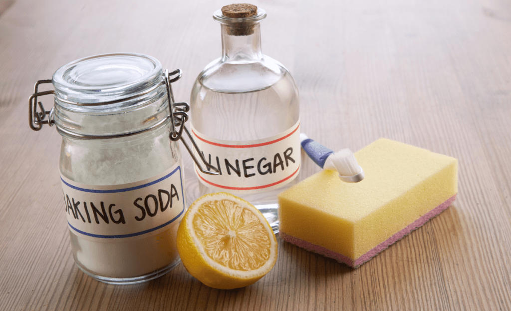 Ingredients for a DIY carpet cleaner, including baking soda, vinegar, lemon, and a sponge.